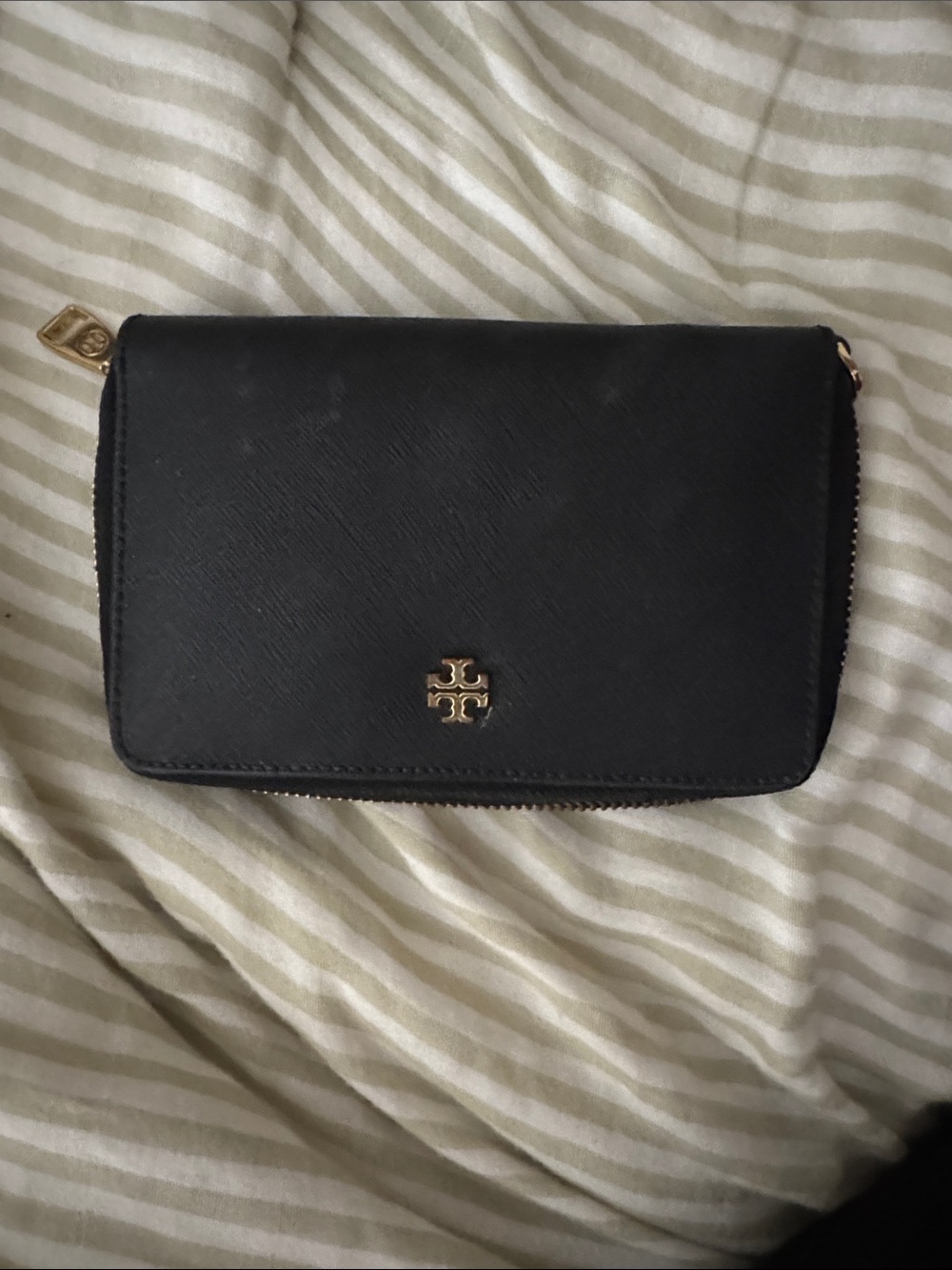 Tory Burch Black Leather Zip-Around Wallet with Gold Logo